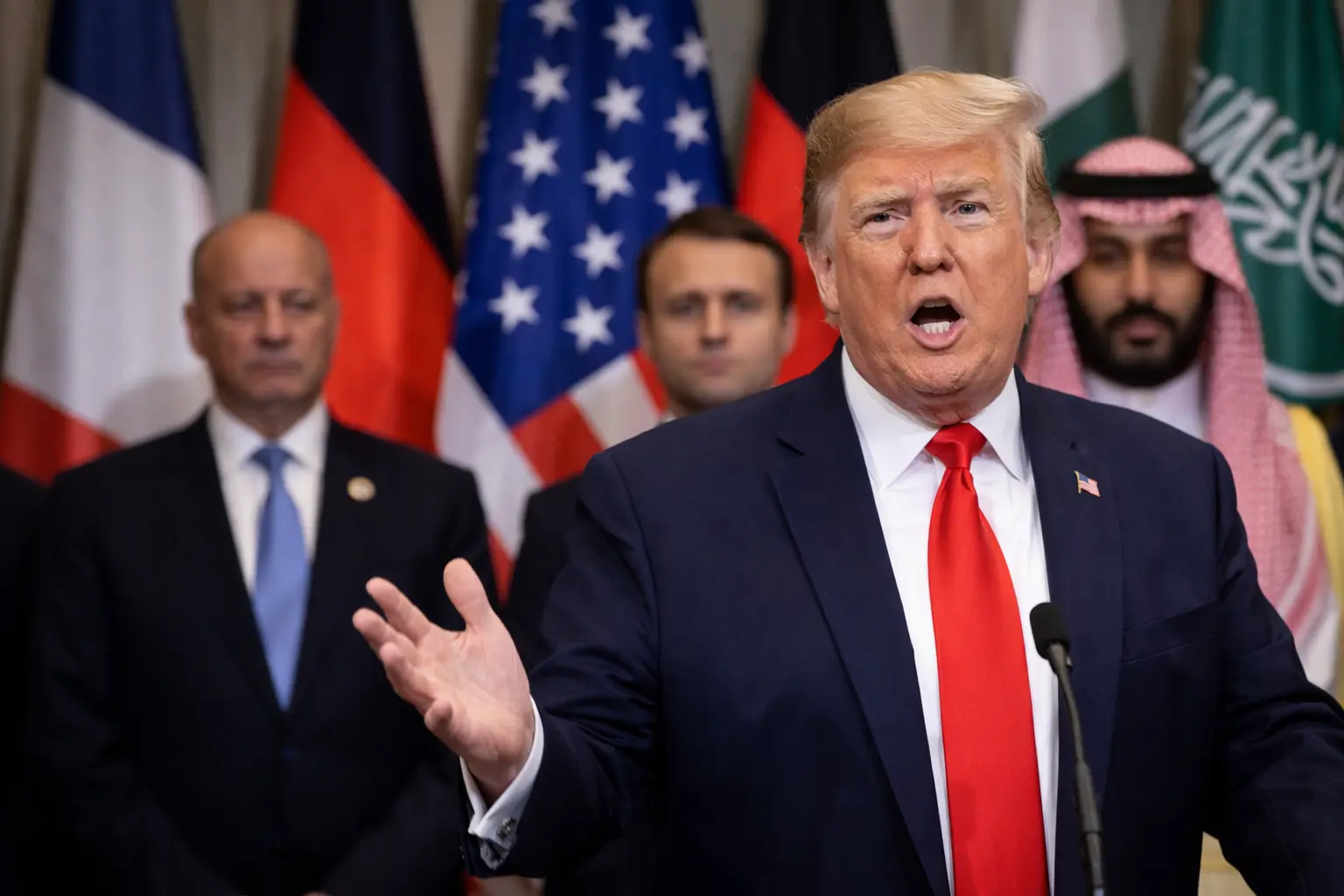 Trump speaking with international leaders present. Trump’s “Board of Peace”