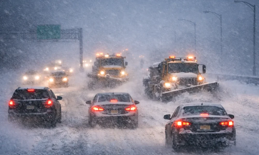 New Jersey Blizzard Warning: Vehicles and snowplows navigate a heavily snow-covered highway during a statewide blizzard warning.