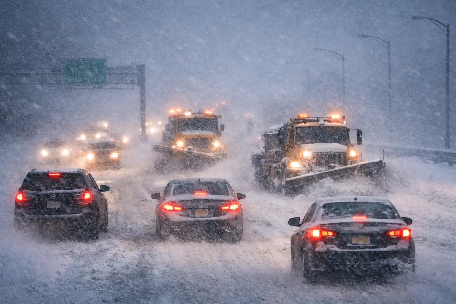 New Jersey Blizzard Warning: Vehicles and snowplows navigate a heavily snow-covered highway during a statewide blizzard warning.